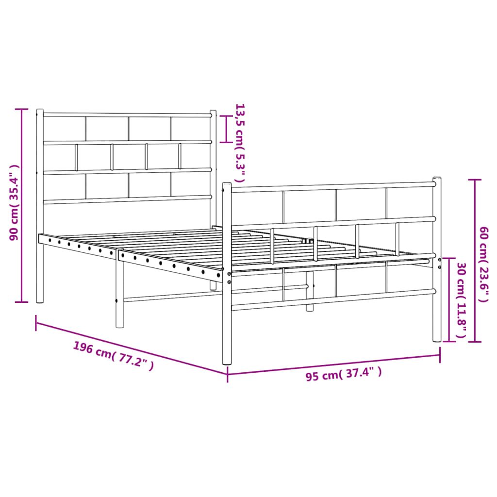 Sengeramme i metall med hode- og fotgavl hvit 90x190 cm