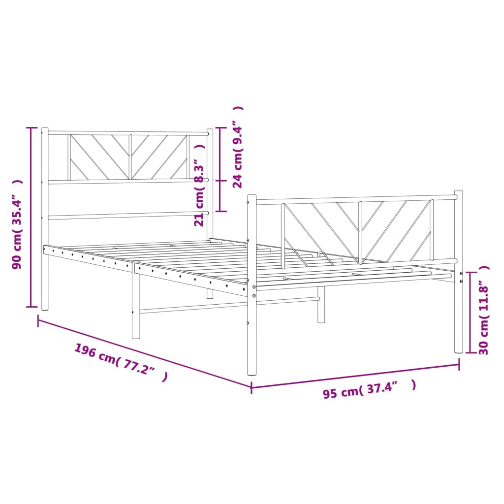 Sengeramme i metall med hode- og fotgavl hvit 90x190 cm