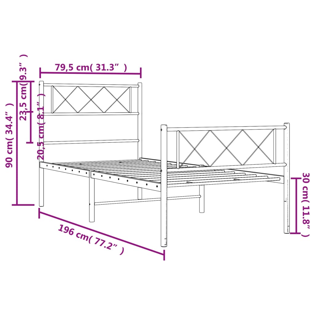 Sengeramme i metall med hode- og fotgavl svart 75x190 cm