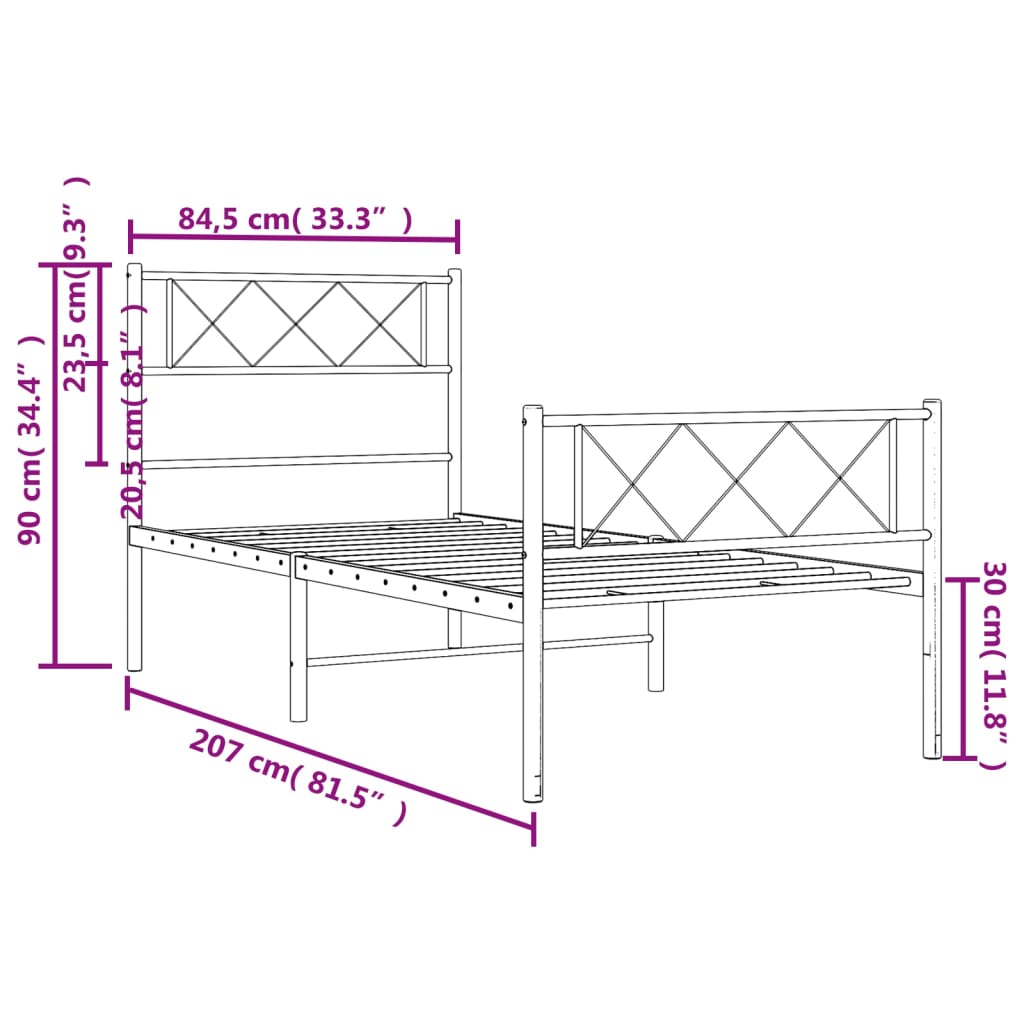 Sengeramme i metall med hode- og fotgavl svart 80x200 cm