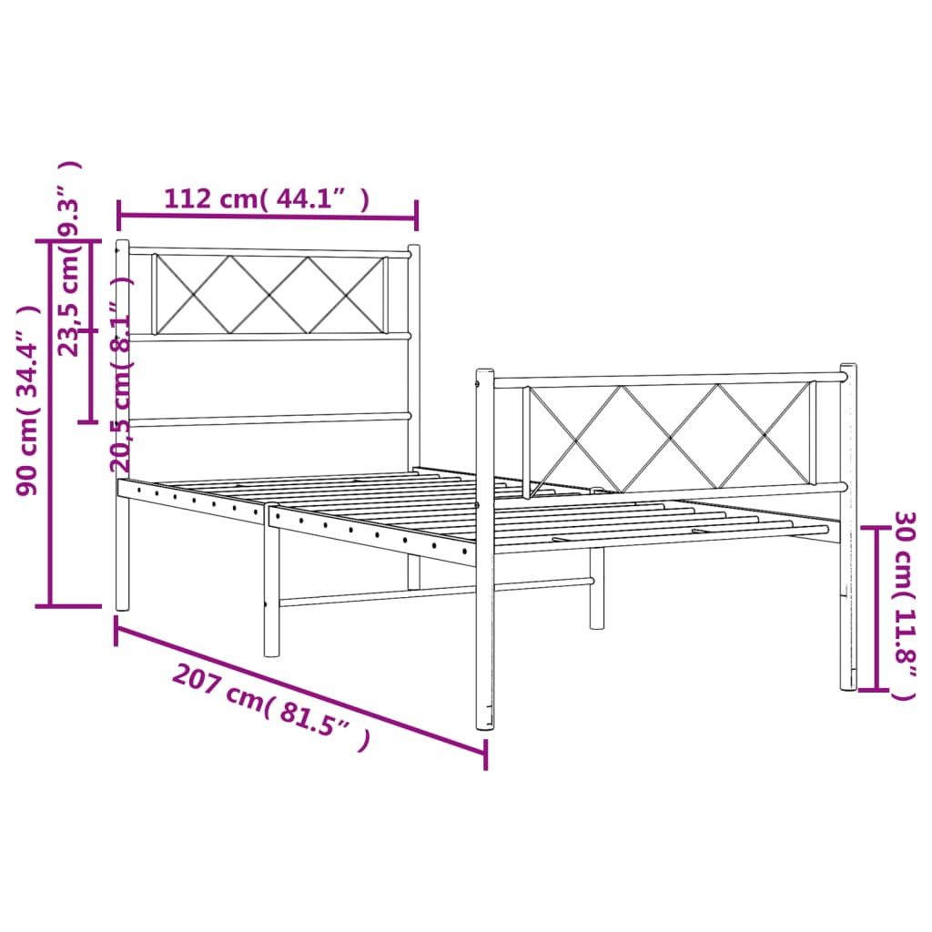 Sengeramme i metall med hode- og fotgavl hvit 107x203 cm
