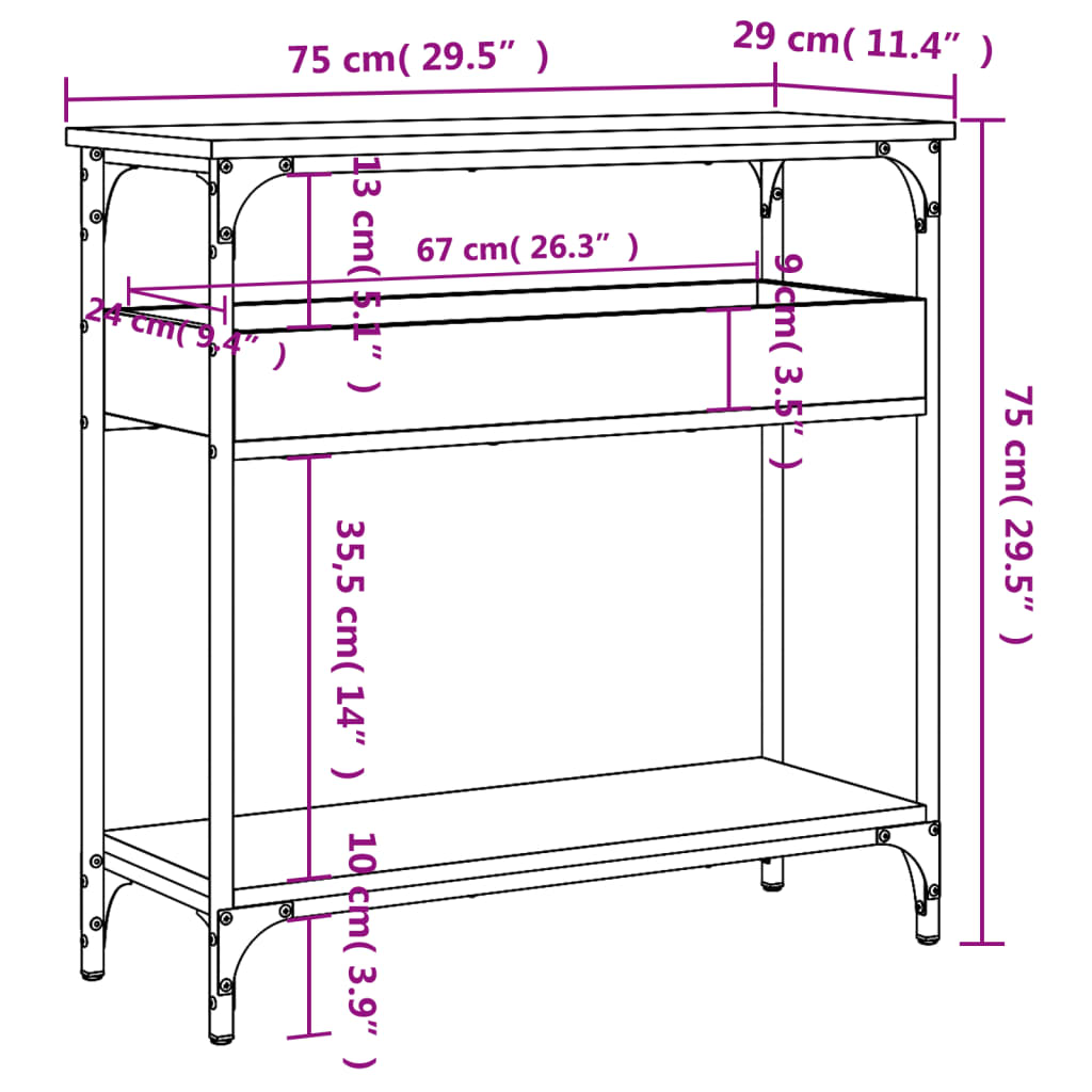 Konsollbord med hylle svart 75x29x75 cm konstruert tre