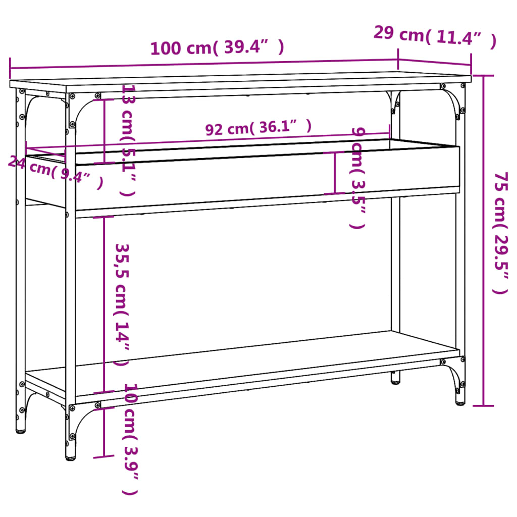 Konsollbord med hylle sonoma eik 100x29x75 cm konstruert tre