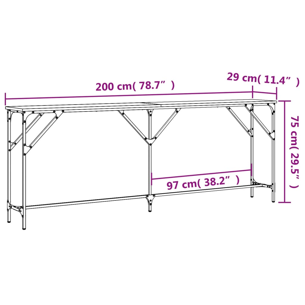 Konsollbord svart 200x29x75 cm konstruert tre