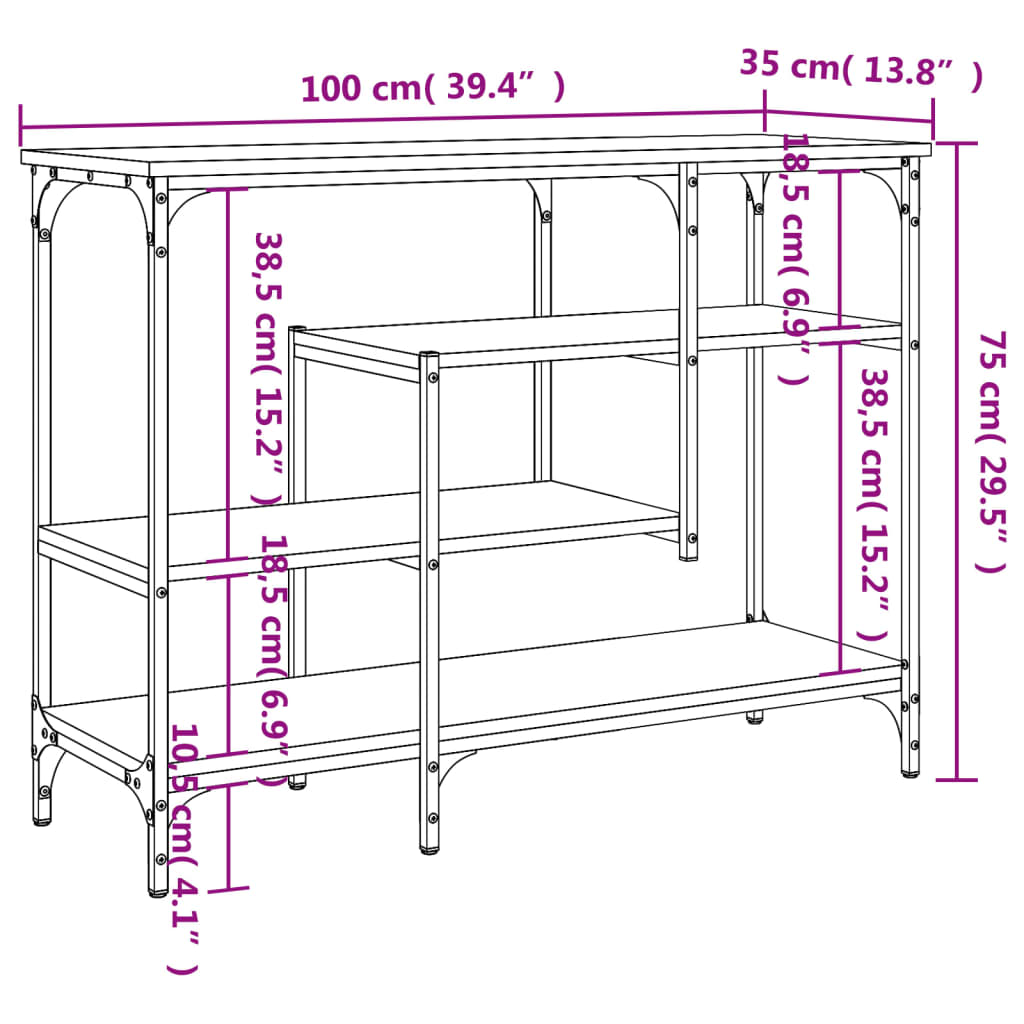 Konsollbord med hyller brun eik 100x35x75 cm