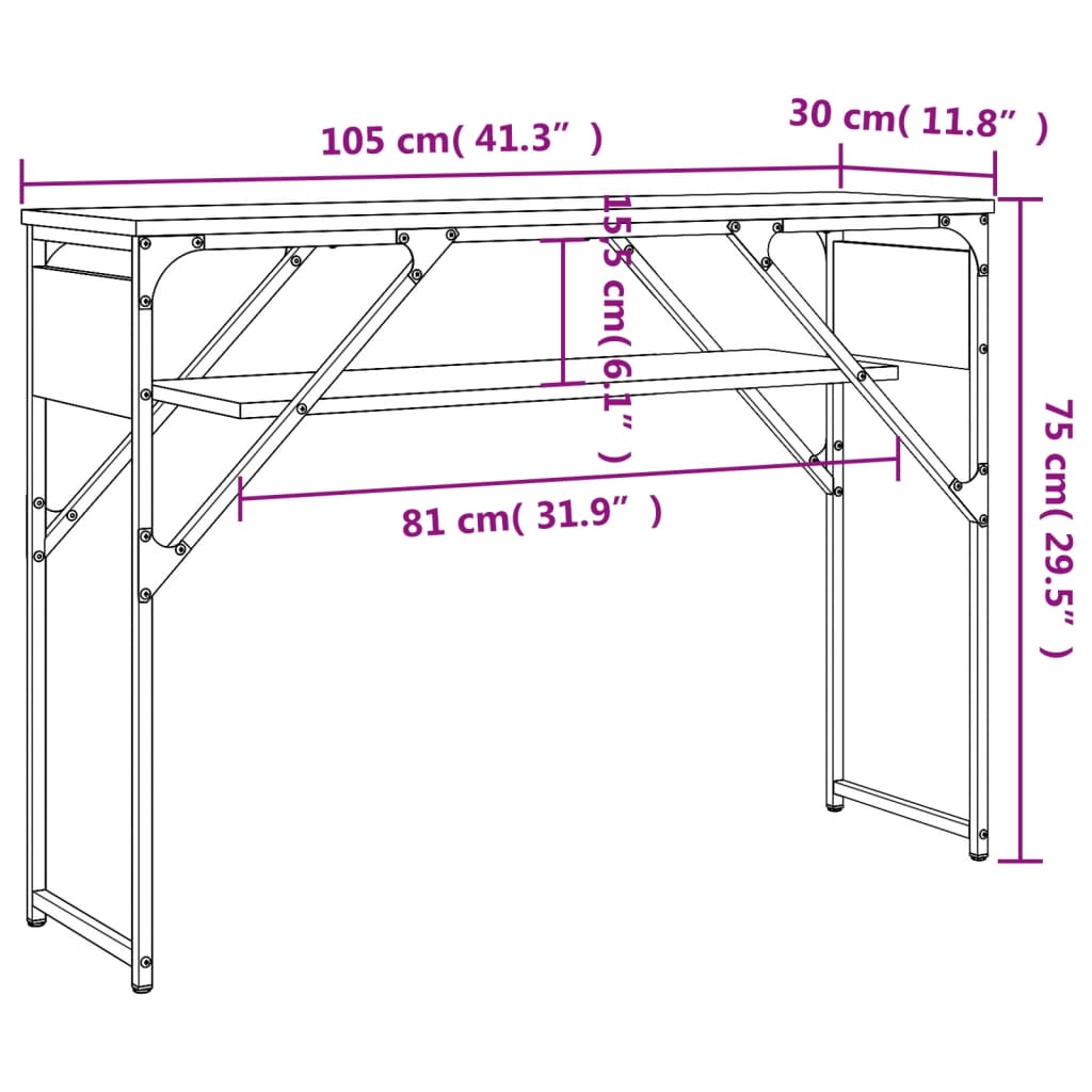 Konsollbord med hylle sonoma eik 105x30x75 cm konstruert tre