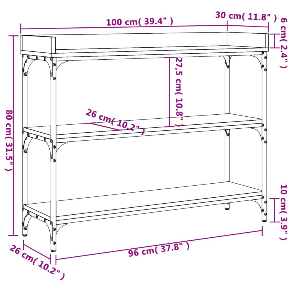 Konsollbord med hyller brun eik 100x30x80 cm