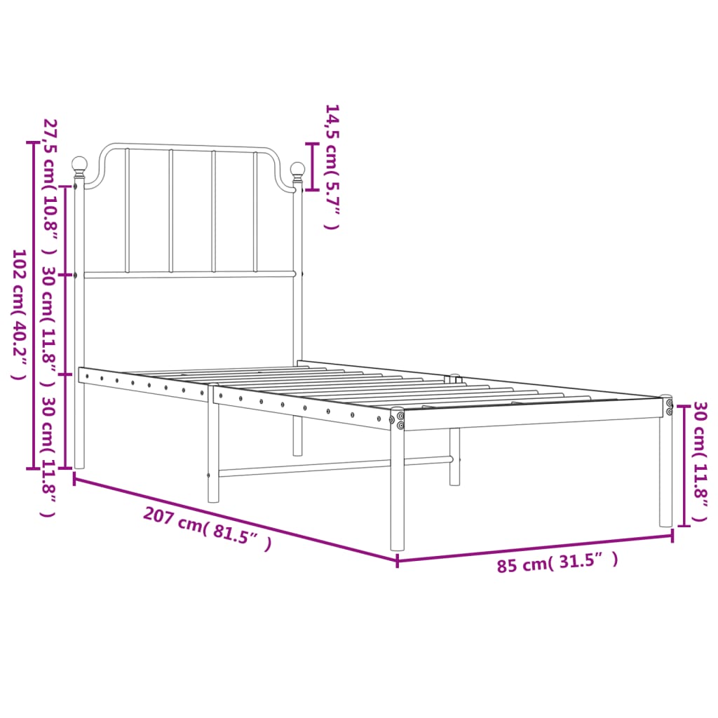 Sengeramme i metall med hodegavl hvit 80x200 cm