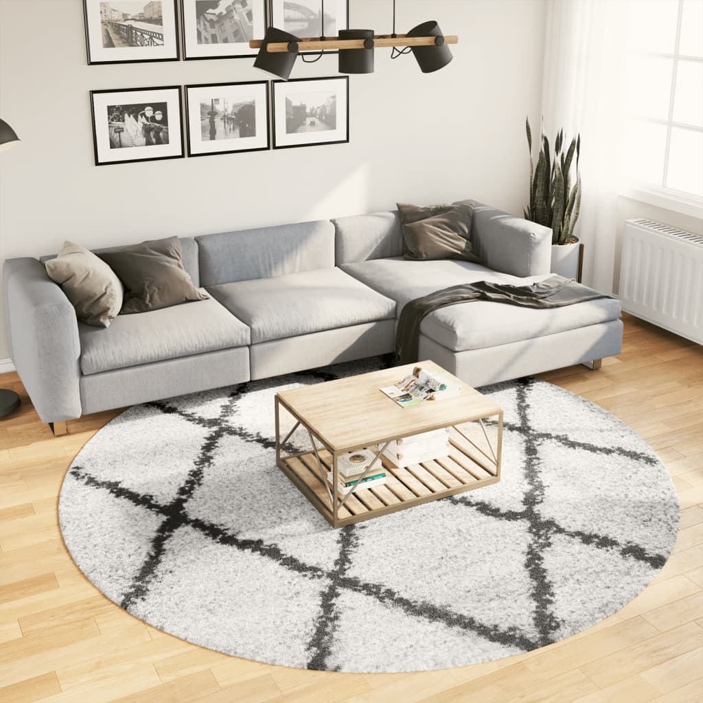Tykt teppe PAMPLONA høy luv moderne krem og svart Ø240 cm