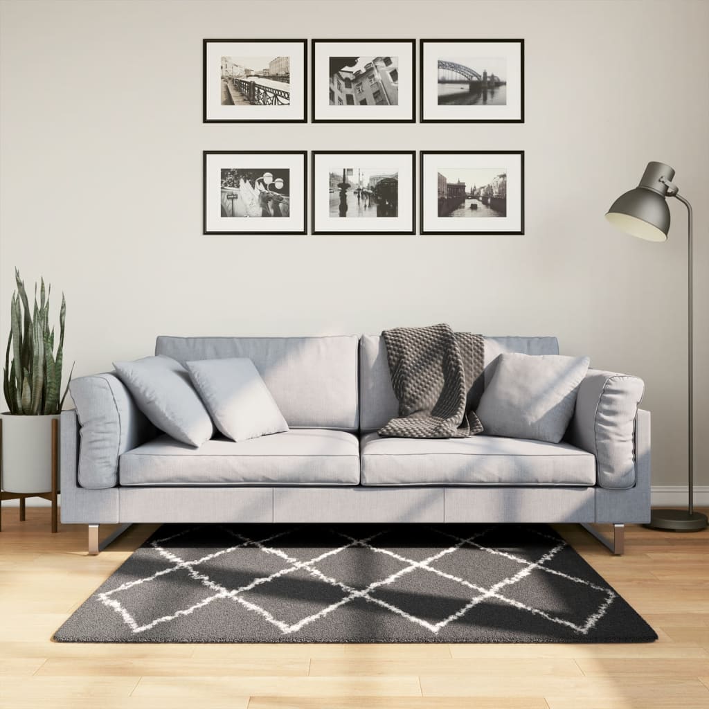Tykt teppe PAMPLONA høy luv moderne svart og kremhvit 120x120cm