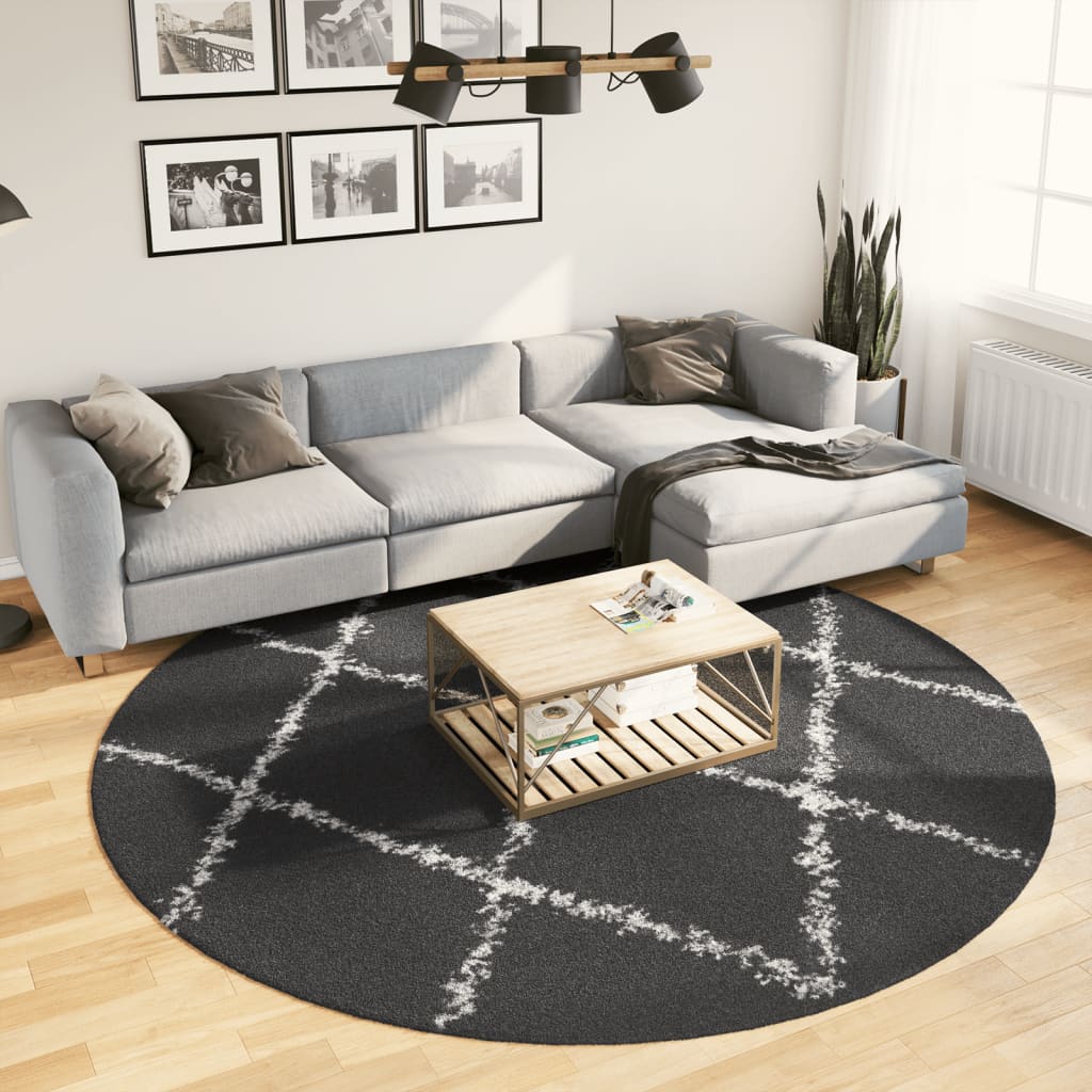 Tykt teppe PAMPLONA høy luv moderne svart og kremhvit Ø240 cm
