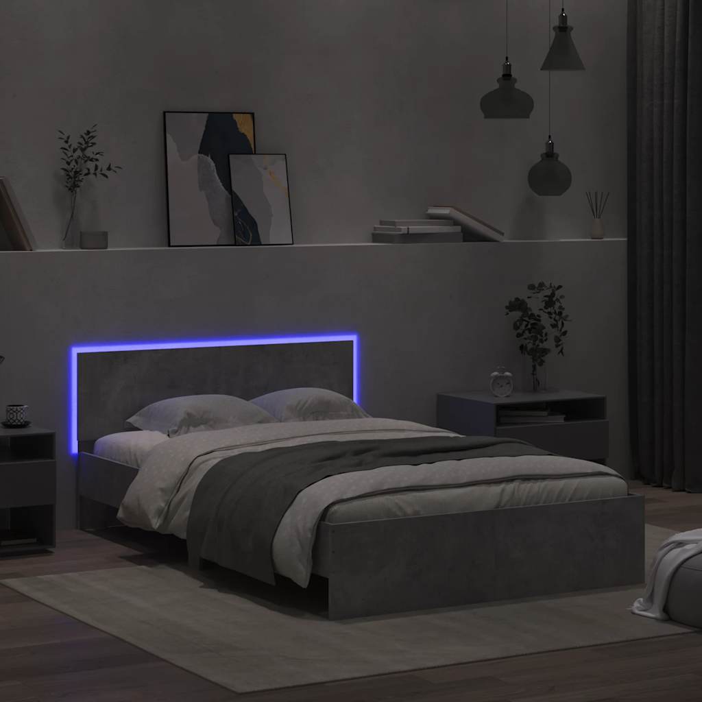 Sengeramme med hodegavl og LED betonggrå 120x190 cm