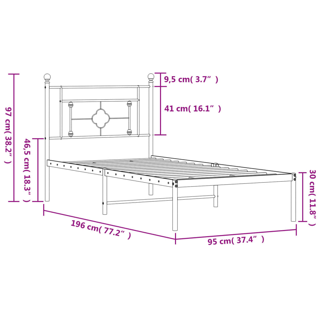 Sengeramme i metall med hodegavl hvit 90x190 cm