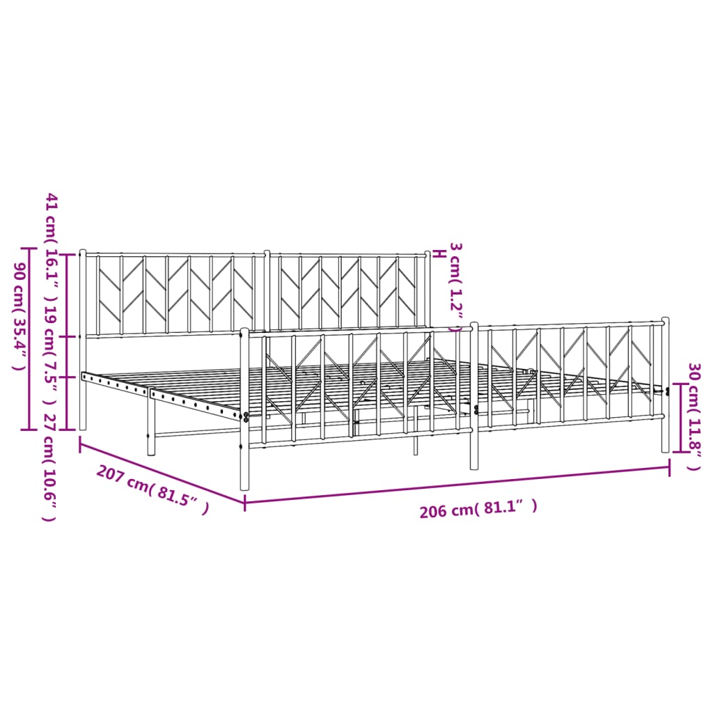 Sengeramme i metall med hode- og fotgavl svart 200x200 cm