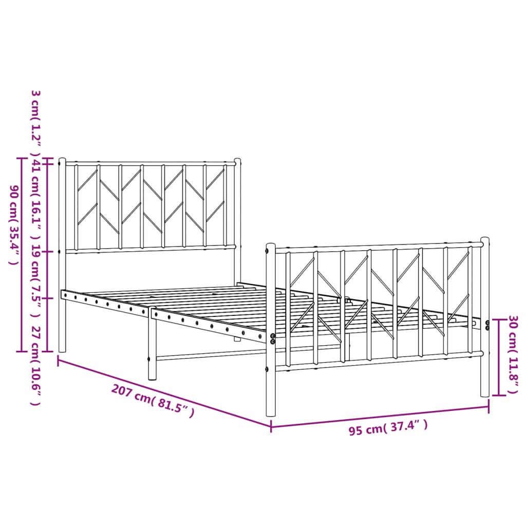 Sengeramme i metall med hode- og fotgavl hvit 90x200 cm