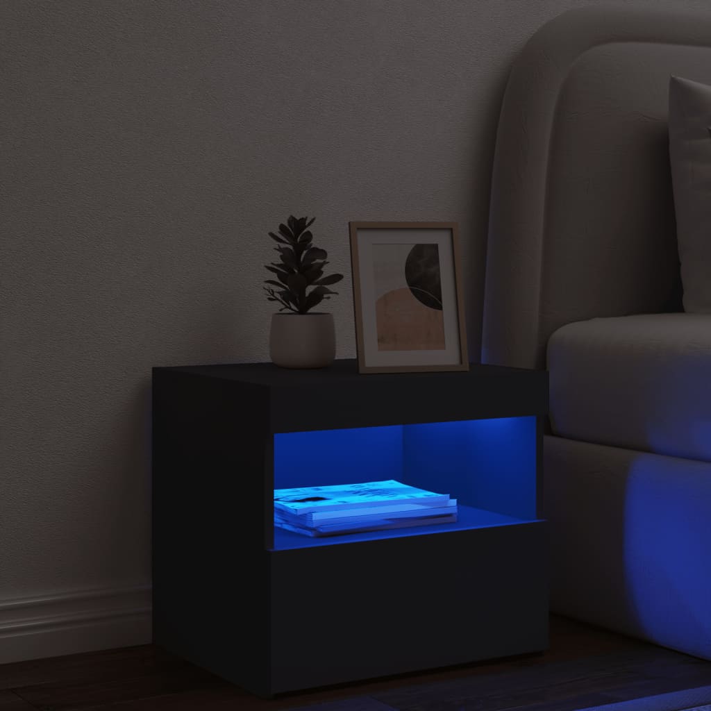 Nattbord med LED svart 50x40x45 cm