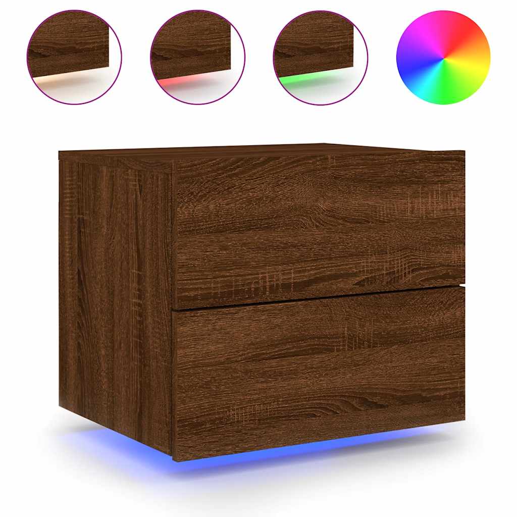 Vegghengte nattbord med LED-lys 2 stk brun eik