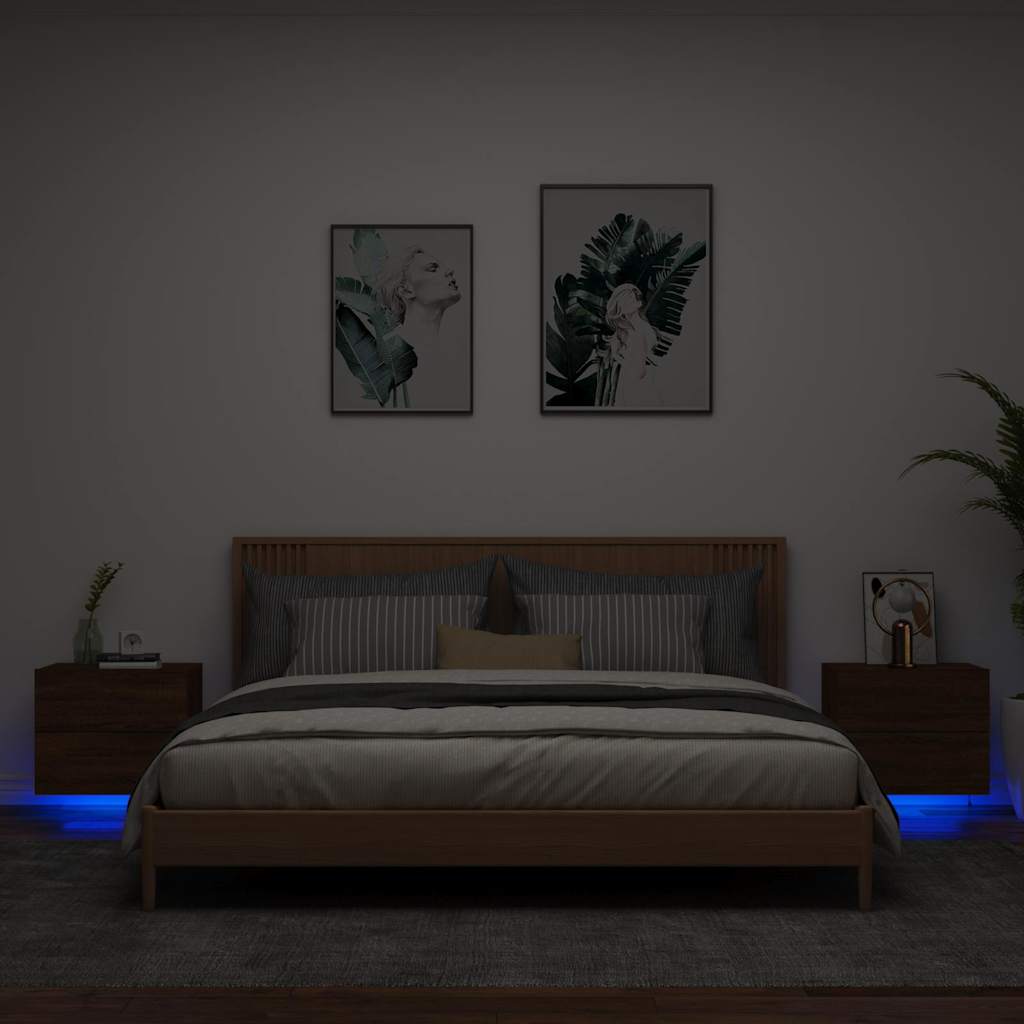 Vegghengte nattbord med LED-lys 2 stk brun eik