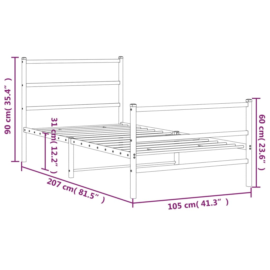 Sengeramme i metall med hode- og fotgavl hvit 100x200 cm