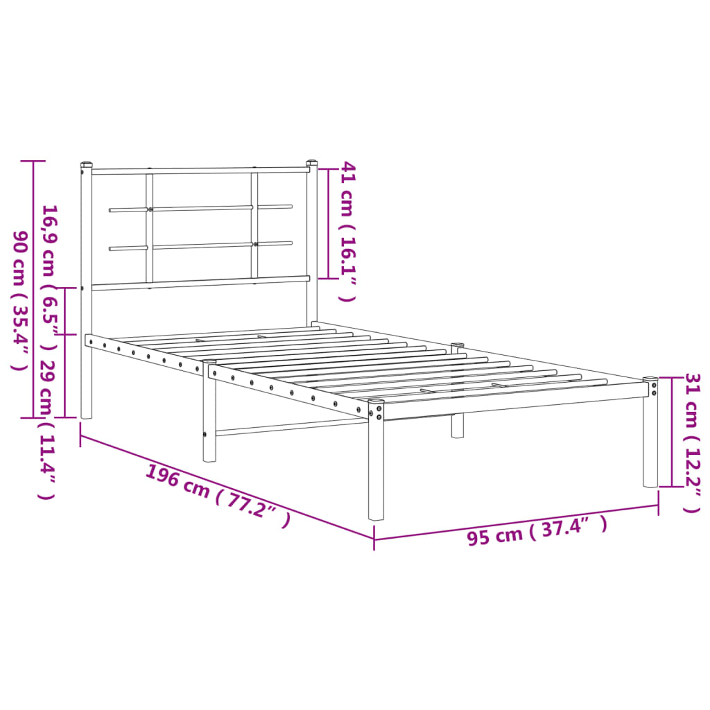Sengeramme i metall med hodegavl svart 90x190 cm