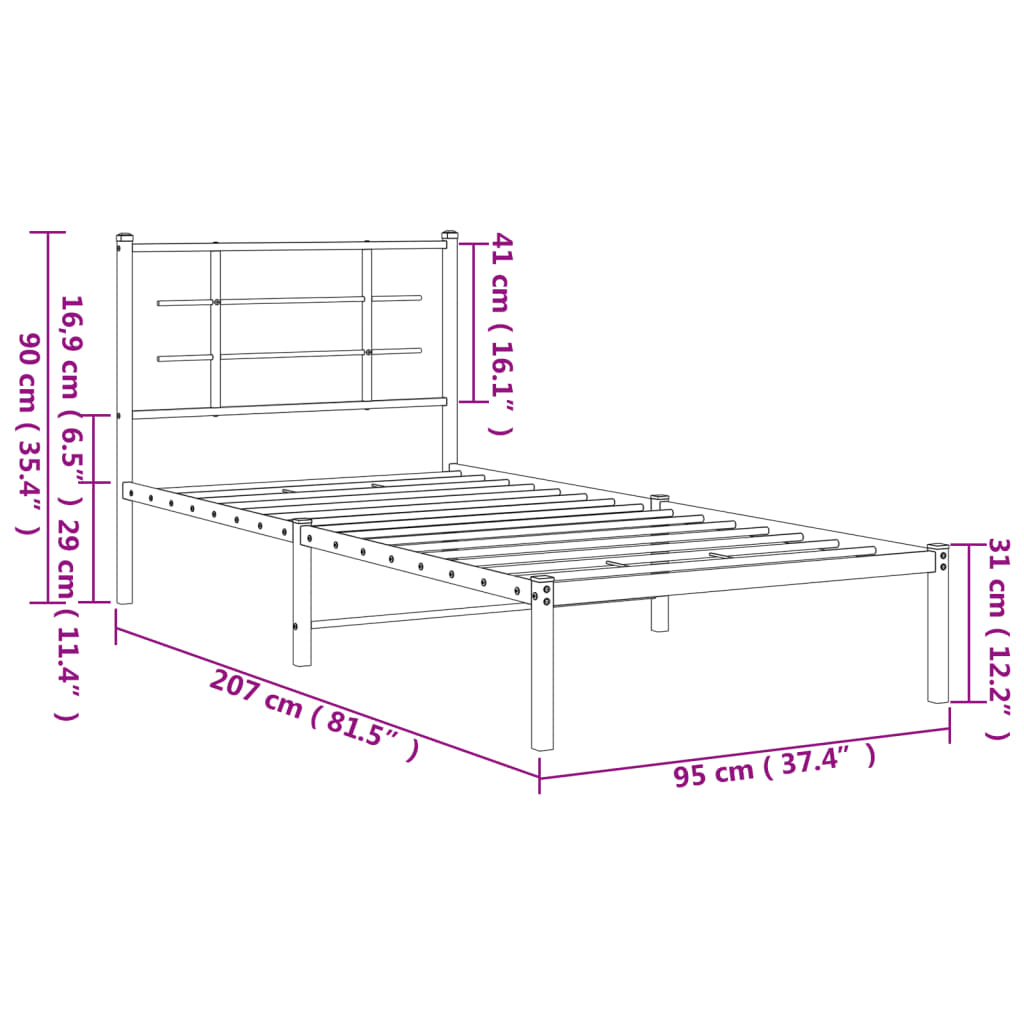 Sengeramme i metall med hodegavl hvit 90x200 cm