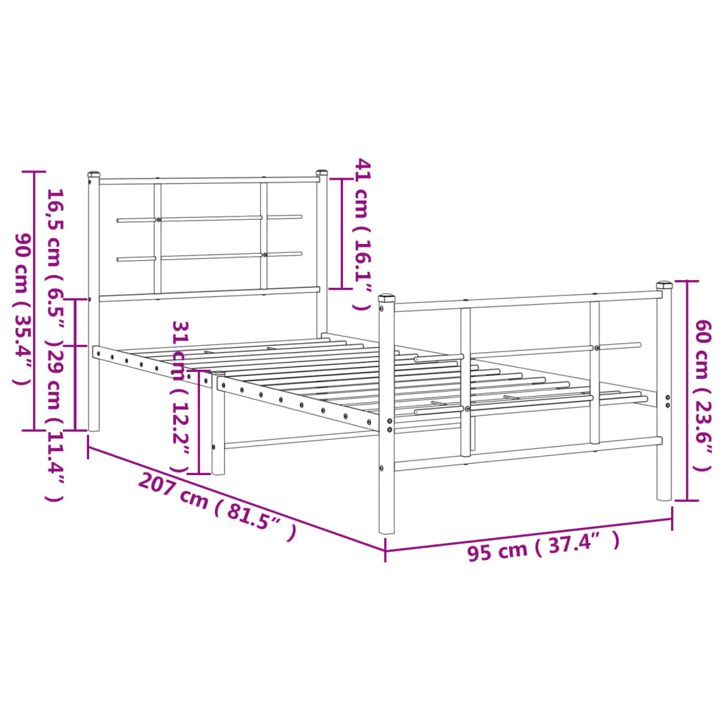 Sengeramme i metall med hode- og fotgavl hvit 90x200 cm