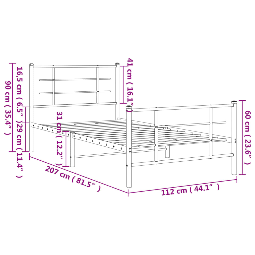 Sengeramme i metall med hode- og fotgavl hvit 107x203 cm