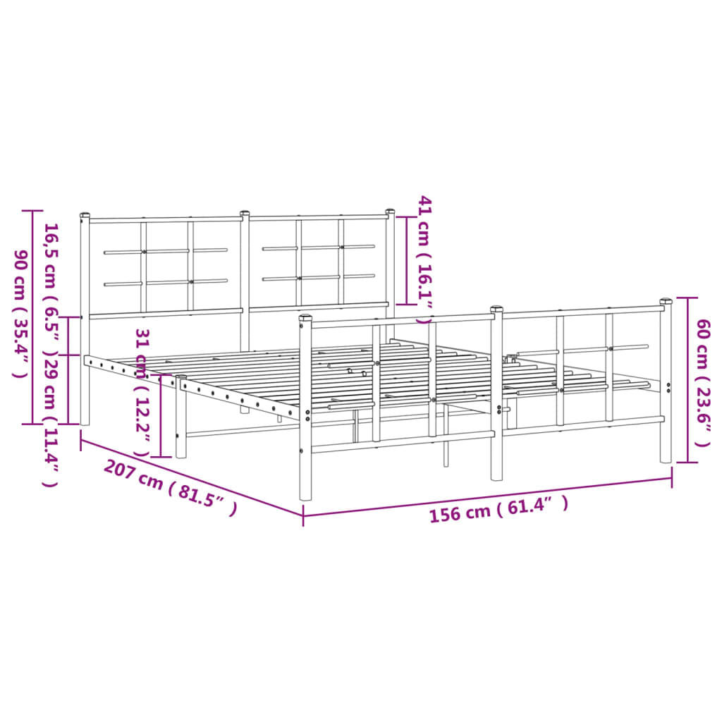 Sengeramme i metall med hode- og fotgavl hvit 150x200 cm