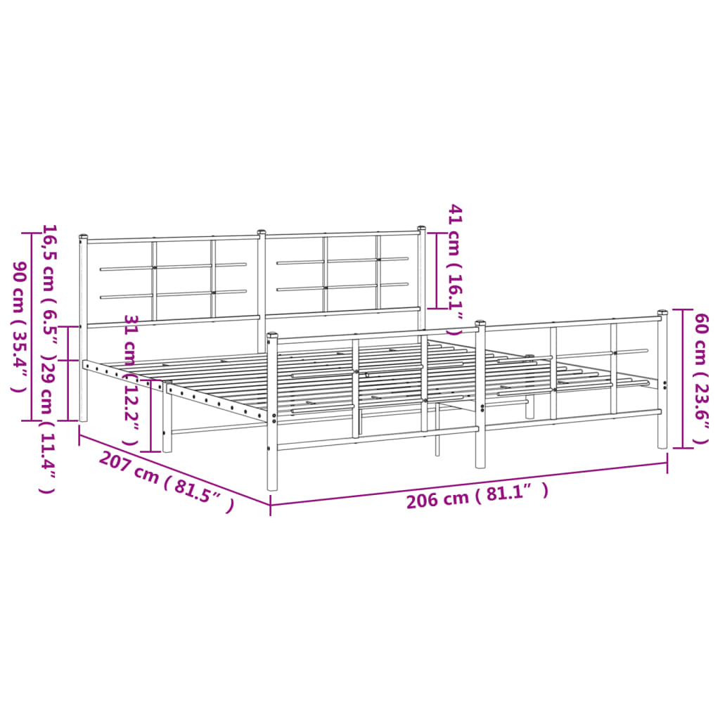 Sengeramme i metall med hode- og fotgavl hvit 200x200 cm