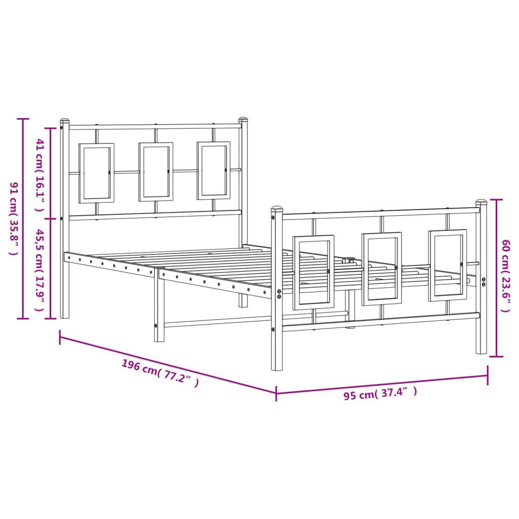 Sengeramme i metall med hode- og fotgavl svart 90x190 cm