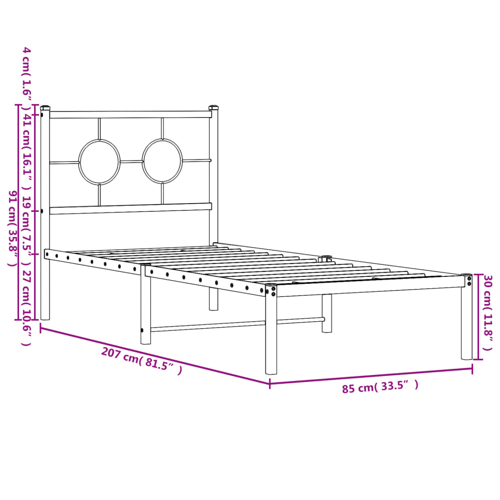 Sengeramme i metall med hodegavl svart 80x200 cm