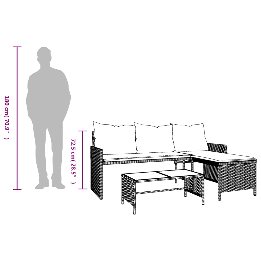 Hagesofa med bord og puter L-formet svart polyrotting