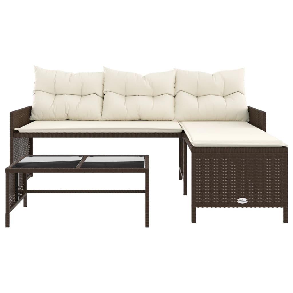 Hagesofa med bord og puter L-formet brun polyrotting