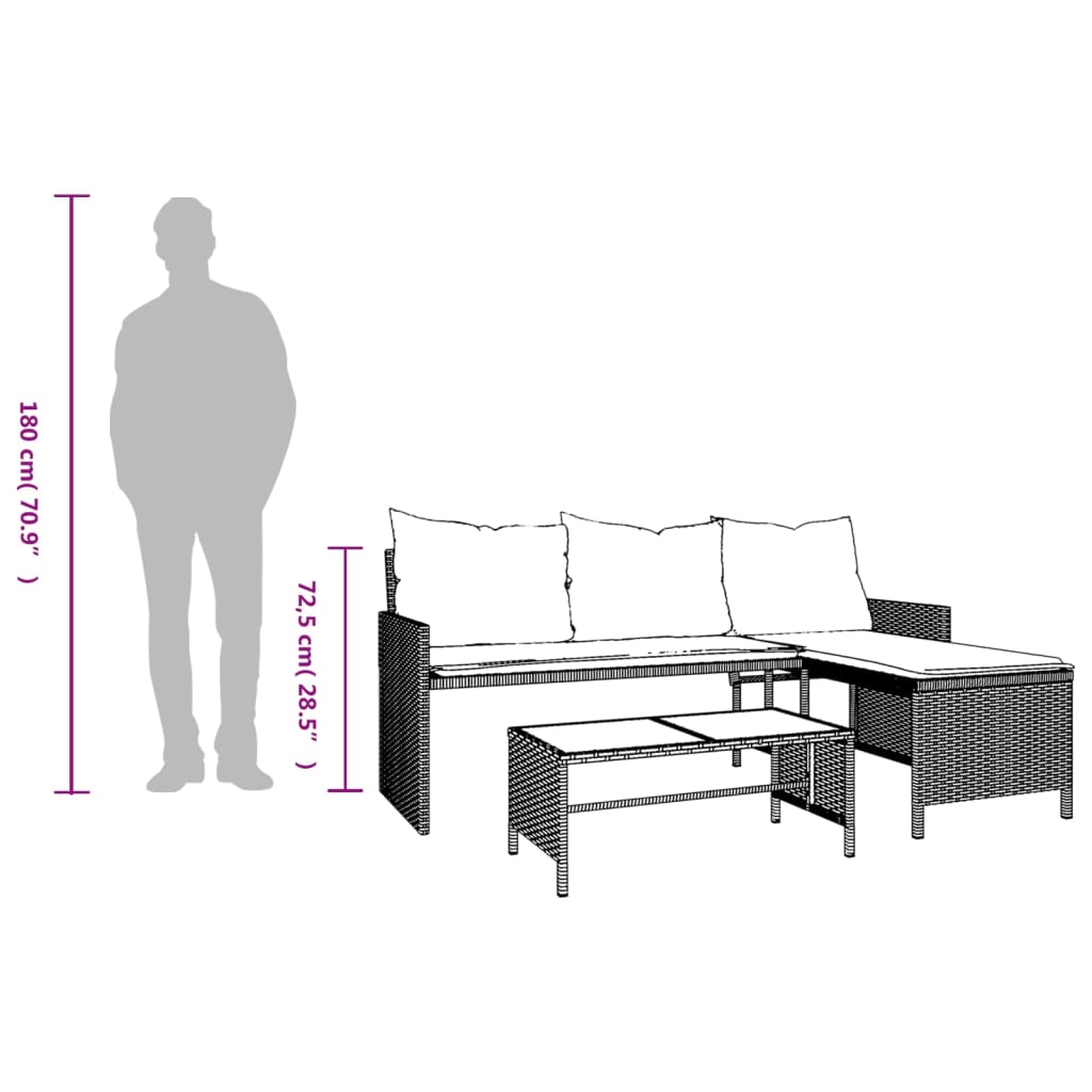Hagesofa med bord og puter L-formet brun polyrotting