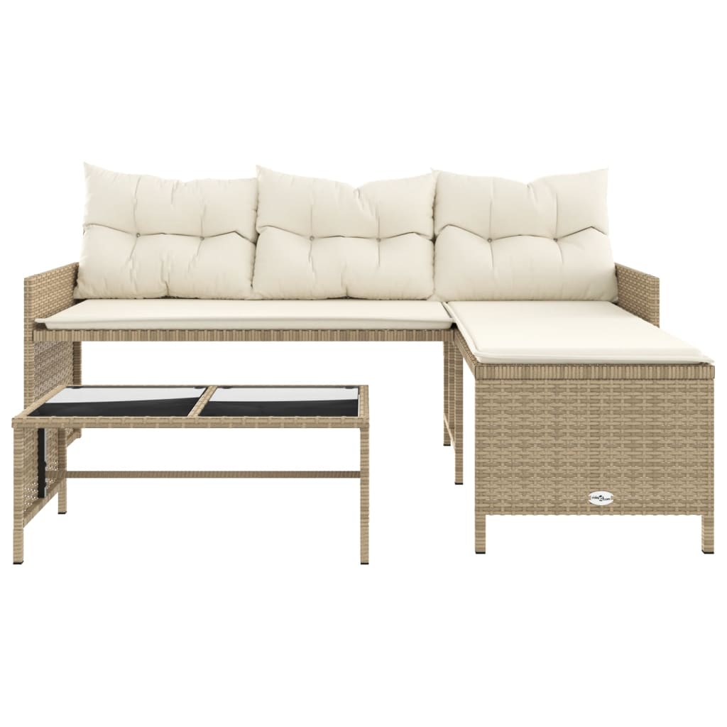 Hagesofa med bord og puter L-formet beige polyrotting