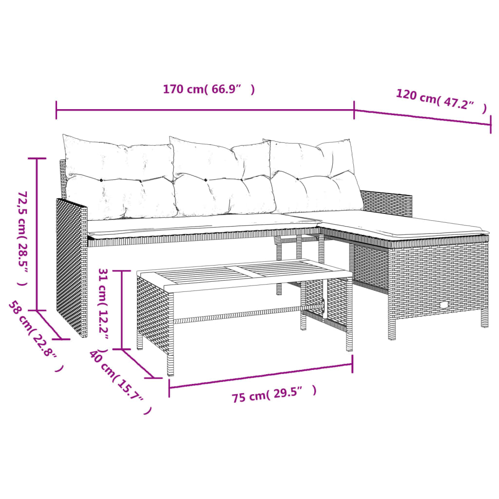 Hagesofa med bord og puter L-formet beige polyrotting