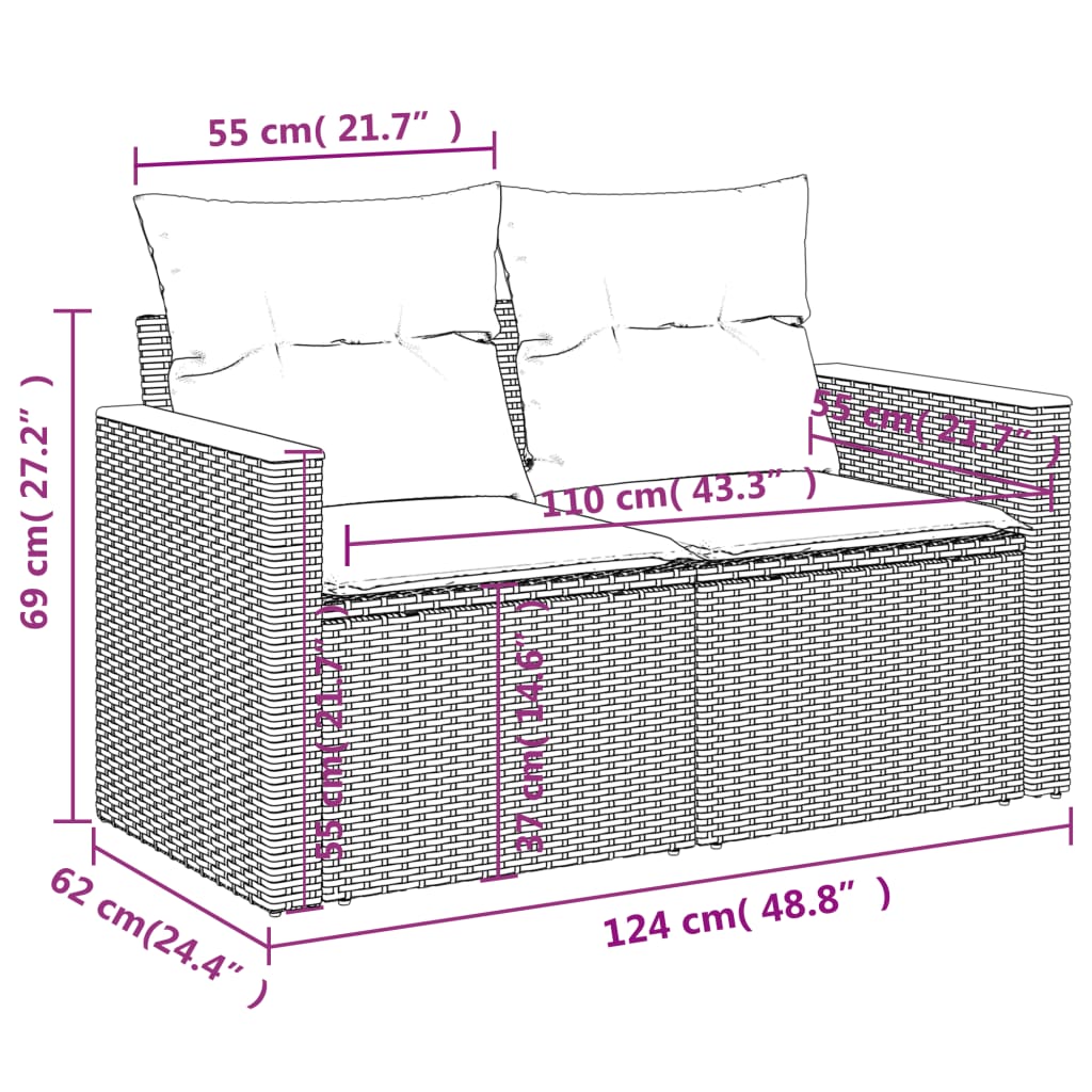 Hagesofa med puter 2-seters svart polyrotting