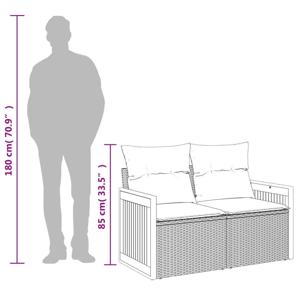 Hagesofa med puter 2-seters svart polyrotting
