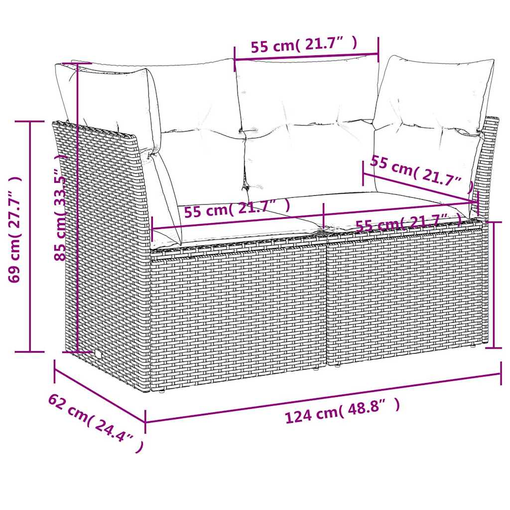 Hagesofa med puter 2-seters brun polyrotting