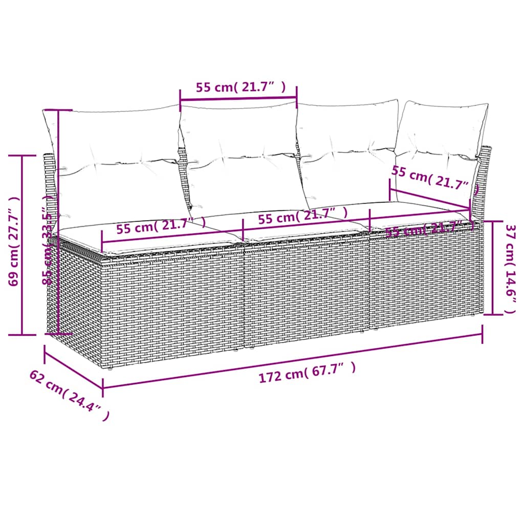 Hagesofa med puter 3-seters brun polyrotting
