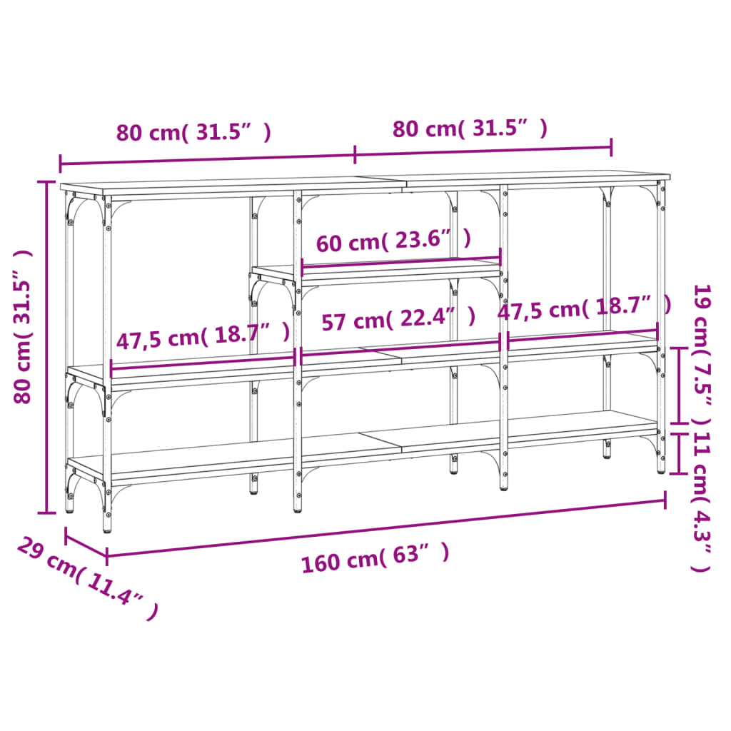 Konsollbord sonoma eik 160x29x80 cm konstruert tre