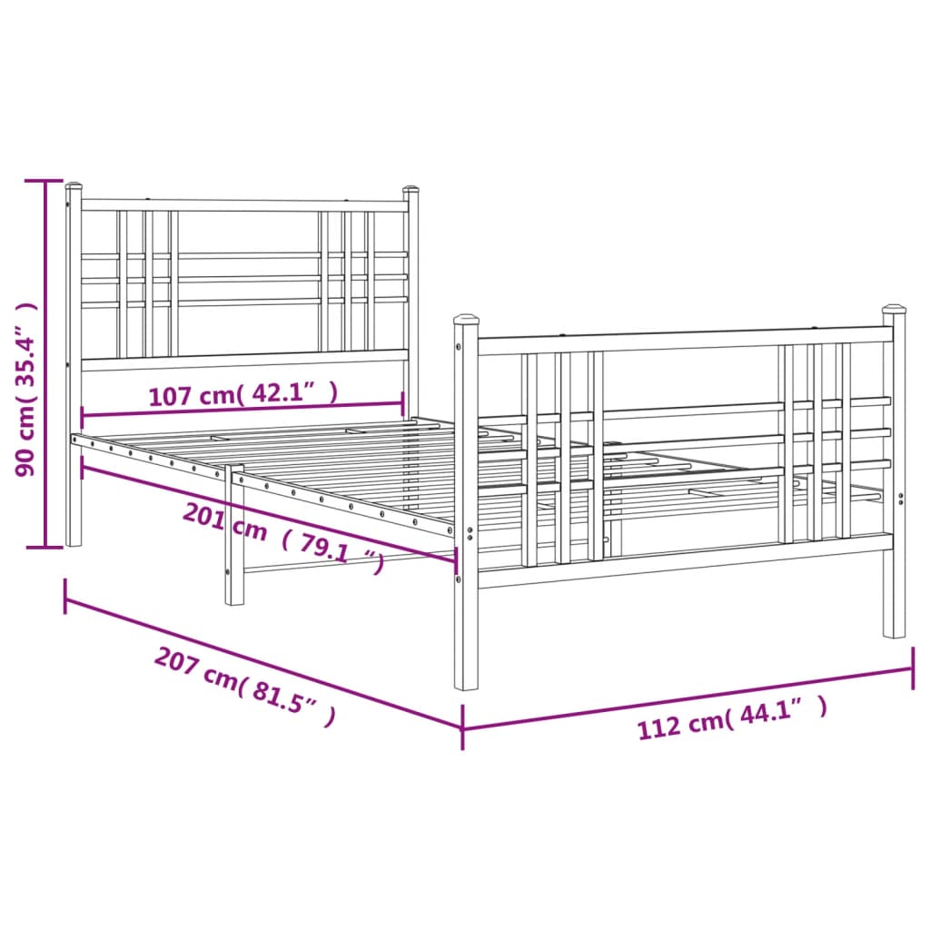 Sengeramme i metall med hode- og fotgavl svart 107x203 cm