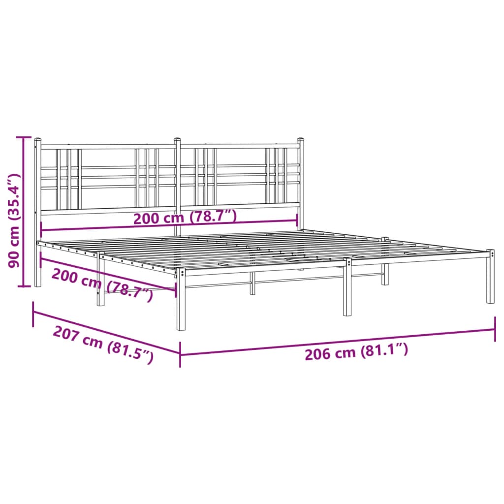 Sengeramme i metall med sengegavl hvit 200x200 cm