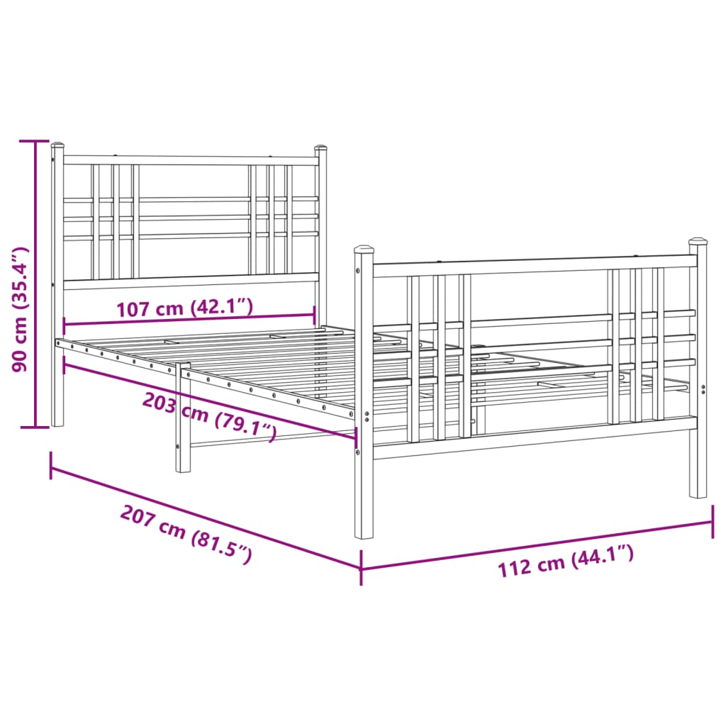 Sengeramme i metall med hode- og fotgavl hvit 107x203 cm