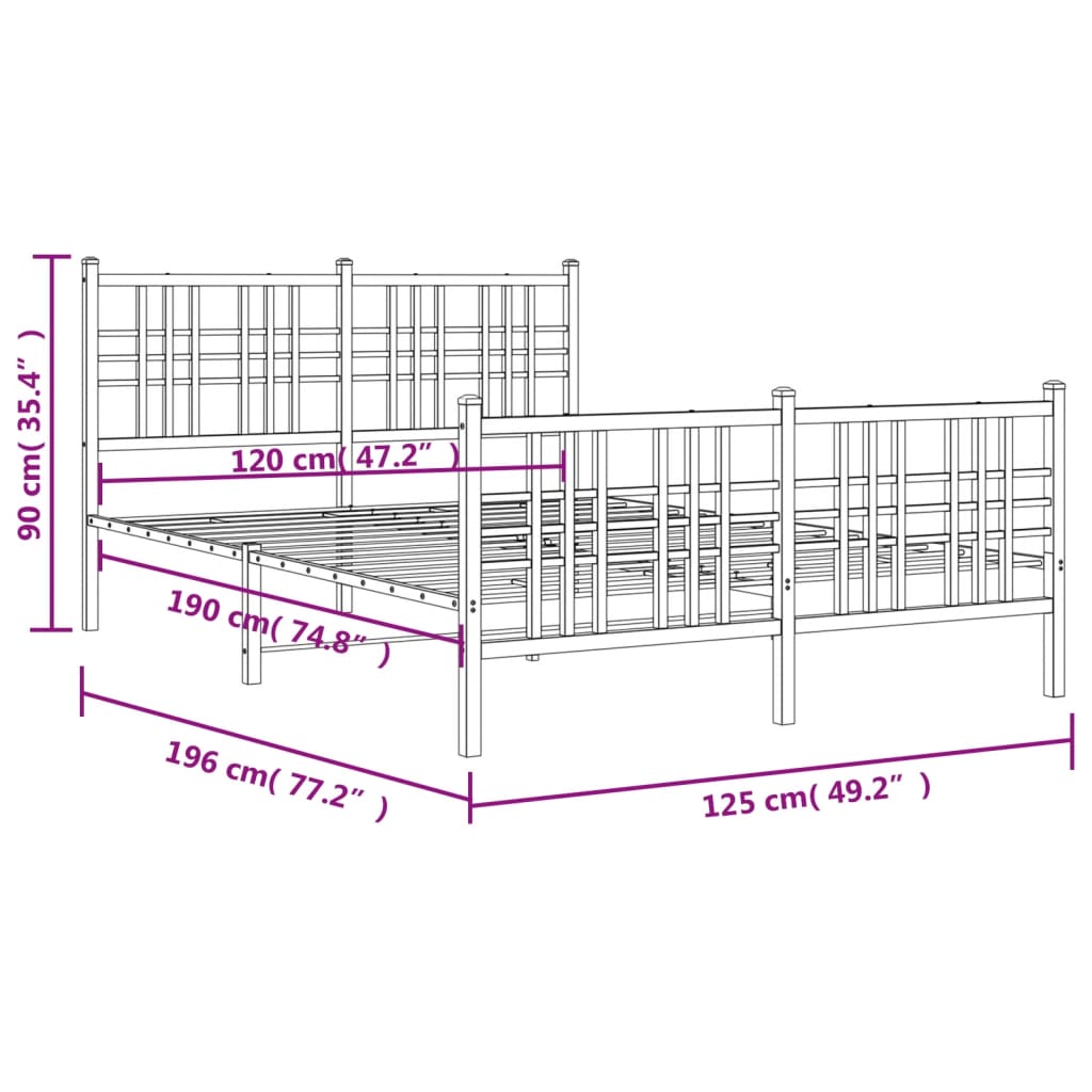 Sengeramme i metall med hode- og fotgavl hvit 120x190 cm