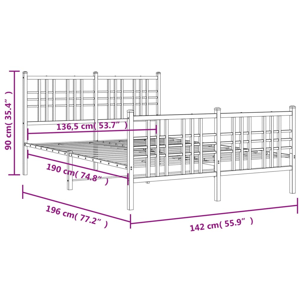 Sengeramme i metall med hode- og fotgavl hvit 137x190 cm