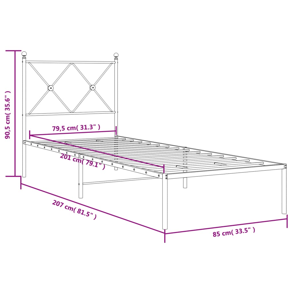 Sengeramme i metall med hodegavl svart 80x200 cm