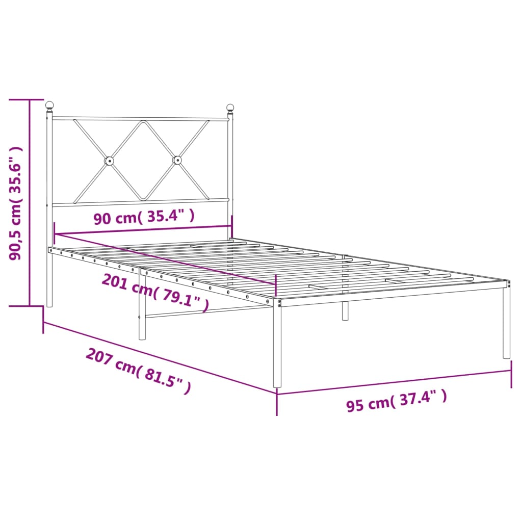 Sengeramme i metall med hodegavl svart 90x200 cm