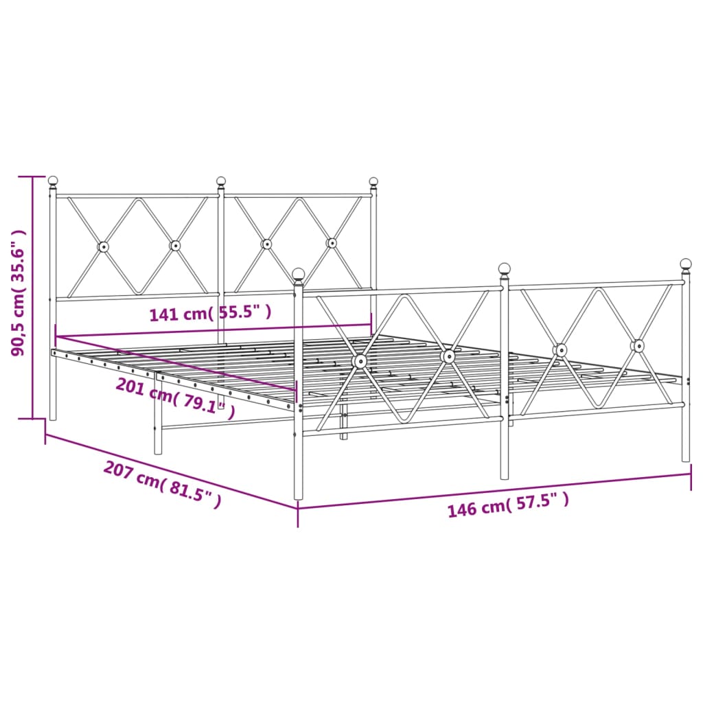 Sengeramme i metall med hode- og fotgavl svart 140x200 cm