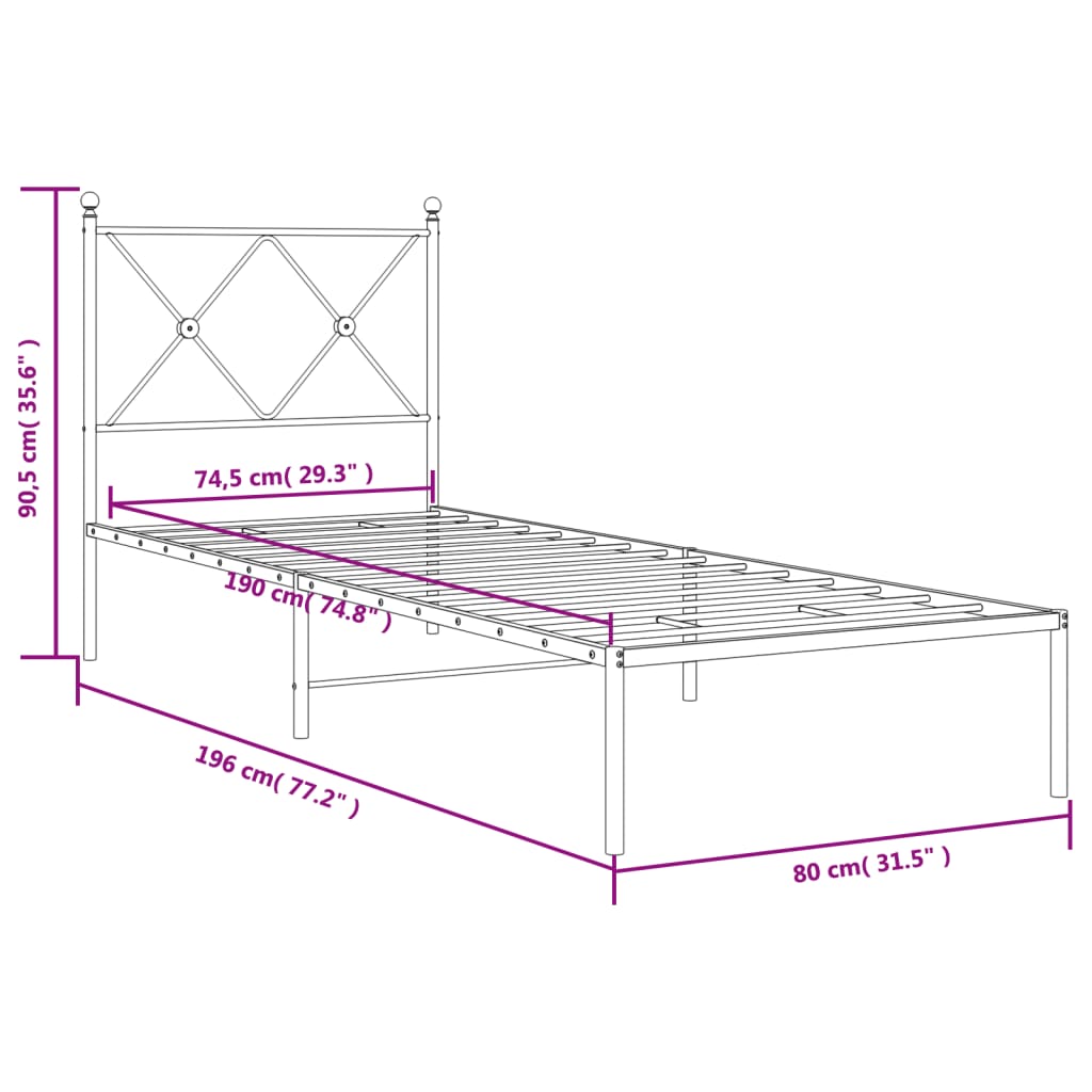 Sengeramme i metall uten madrass med hodegavl hvit 75x190 cm